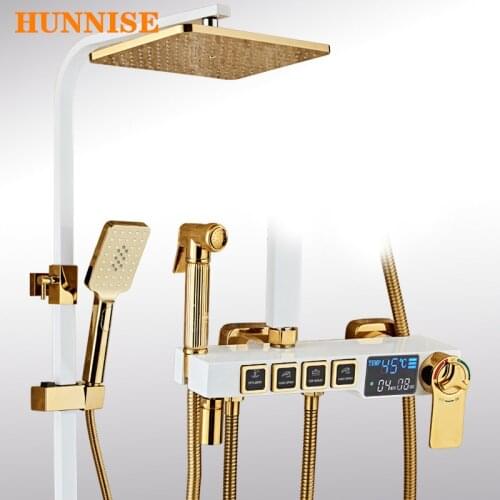 Thermostatic Bathroom Shower Set , Luxury White Gold Digital Shower System with 10 Inch Rainfall Shower Head, Digital Shower Set