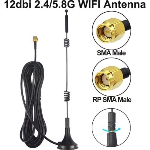 12dbi WIFI Antenna 2.4G/5.8G Dual Band pole antenna SMA Male/RP SMA Male with Magnetic base for Router Camera Signal Booster