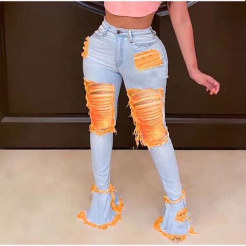 Plus Size Street Contrast Color Ripped Holes Vintage Denim Jeans 3XL Low Rise Flares Patchwork Stretch Skinny Bell Bottoms Pants
