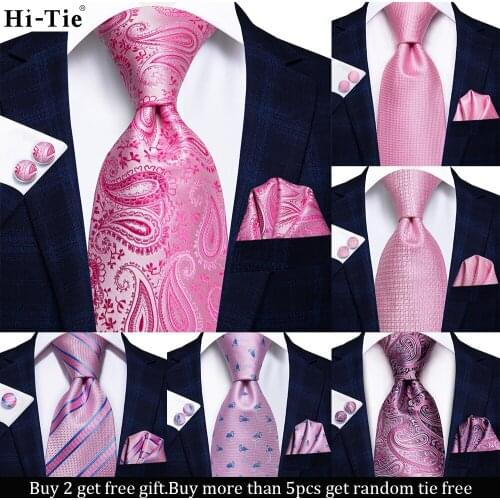 Hi-Tie Gift Mens Necktie Peach Pink Paisley Silk Wedding Tie For Men Hanky Cufflinks Fashion Design Business Party Dropshipping