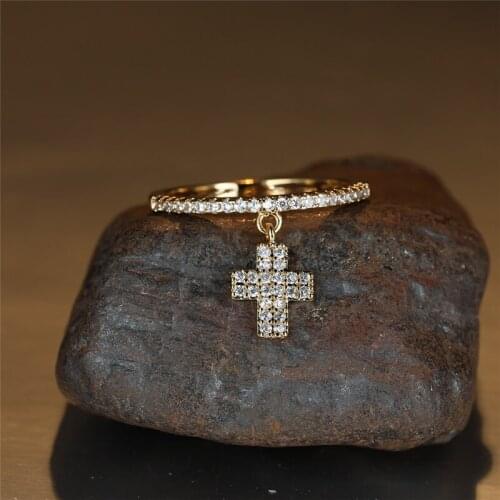 Dainty Gold Silver Color Wedding Ring White Zircon Classic Cross Pendant Ring Single Row Round Small Stone Rings For Women Party