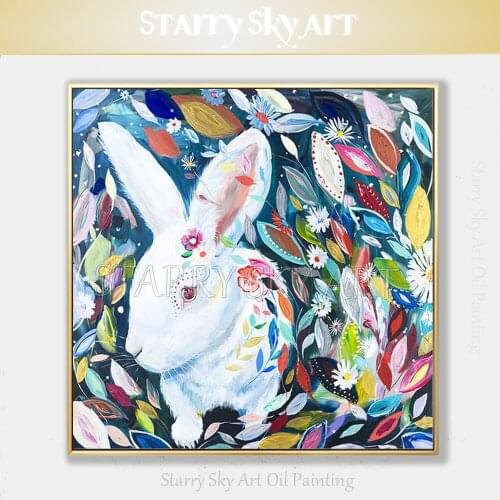 New Painting Handmade Lovely Animal Rabbit Oil Painting on Canvas Rich Colors Cute Rabbit Oil Painting for Wall Art Decoration