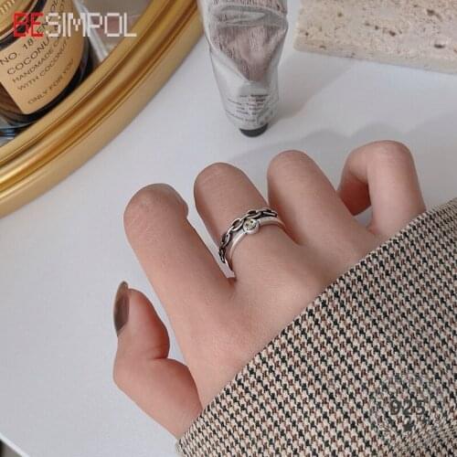 Besimpol Delicate 925 Sterling Silver Smile Chain Rings Minimalist Adjustable Open Rings For Women Fine Jewelry Birthday Gifts