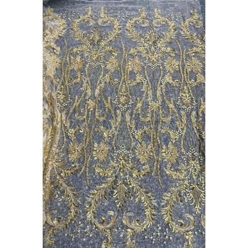 Good selling golden embroidered tulle lace fabric SYJ-66887 with full beads best quality french net lace fabric