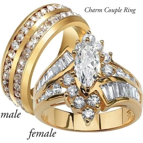 Fashion Couple Rings Women Marquise Cut Crystal CZ Ring Mens Two Rows CZ Stone Stainless Steel Ring Fashion Jewelry For Lovers