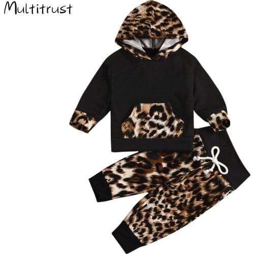 Toddler Girl Clothes 2 Pcs Infant Leopard Print Outfits Long Sleeve Front Pocket Hooded Top + Drawstring Trousers