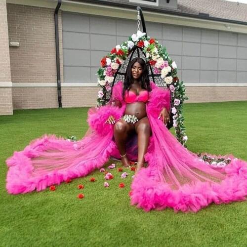 Fuchsia Tulle Maternity Robe For Photo Shoot Ruffles Formal Dress Long Sleeve Tulle Photoshoot Birthday Robes Tulle Dress Women
