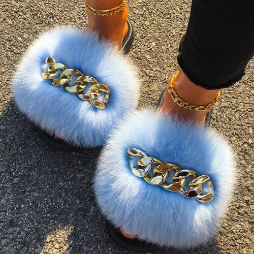 Women Summer Sandals Fashion Fluffy Flip Flops Real Fox Raccoon Fur Slippers Gold Chain Furry Fur Slides Plush Beach Slippers