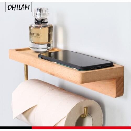 Modern Walnut Wood Brass Wall Mount Toilet Paper Holder With Phone Shelf Roll Paper Holder Bathroom Fixture Bathroom Accessories