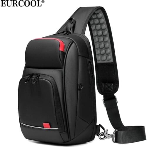 EURCOOL 9.7" iPad Crossbody Shoulder Bag for Men Short Trip Messenger Bags Water Repellent USB Charging Chest Packs n1906