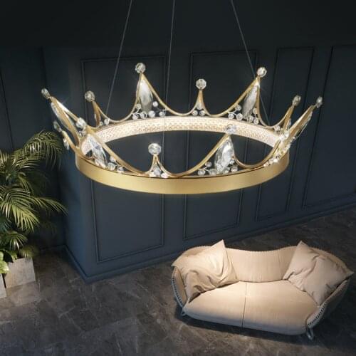 Unique Crown Bedroom Led Dimmable Pendant Lights Luxury K9 Crystal Hanging Lamp Round Painted Gold Metal Suspend Lamp Fixtures