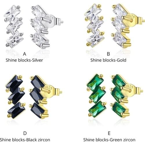 WOSTU Real 925 Sterling Silver Shine Blocks Stud Earrings Zircon Earrings For Women Fashion Silver Jewelry CQE1051