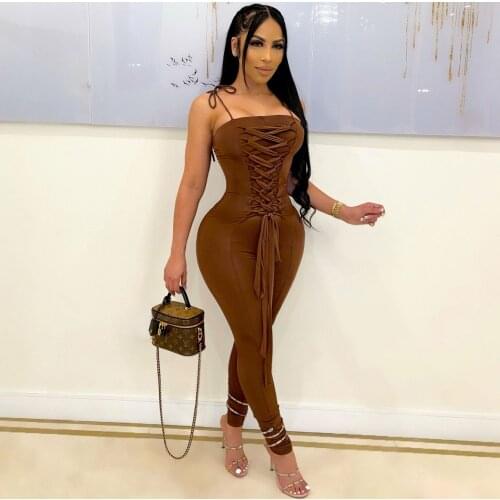2021 New Arrival Famous Brand Jumpsuits Solid Bandage Spaghetti Strap Summer Sexy Club Bodycon Rompers