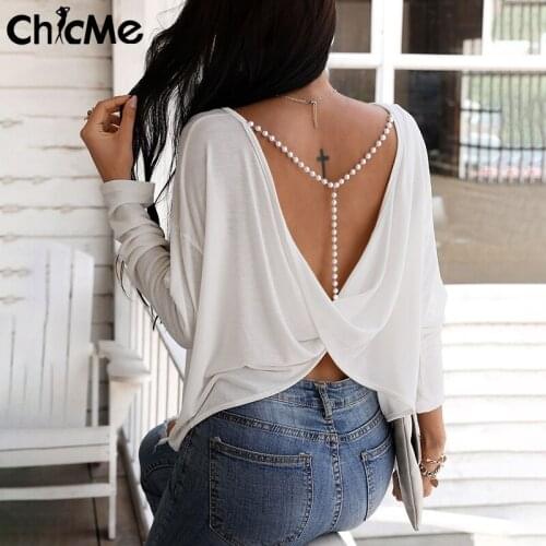 Chicme Women Solid Beaded Strap Backless Twisted Back Top Long Sleeve Round Neck Thin Knitted Backless Sexy Shirts Casual Loose