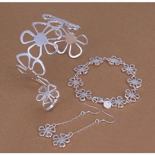 S235 Charm Silver Color 925 Jewelry Sets For Women Fashion Jewelry Flower Ring Earrings Bangle Bracelet S235 /andajeka Ayvajqca