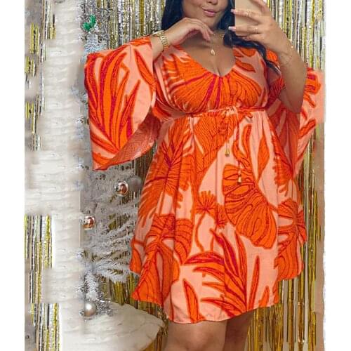 4XL 5XL Plus Size Dresses For Women Orange Printed V Neck Flare Sleeve Loose Asymmetrical Fashion Vestidos Dress 2021 New Summer