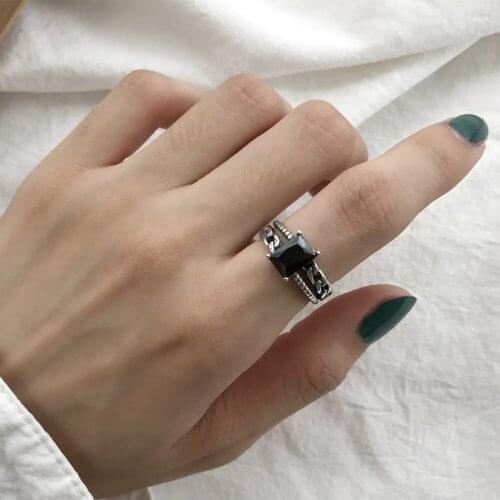 Sterling Silver 925 Double Layer Oxidized Curb Chain Vintage Rectangle Black Agate Nature Gemstone Charm Ring For Women Gift