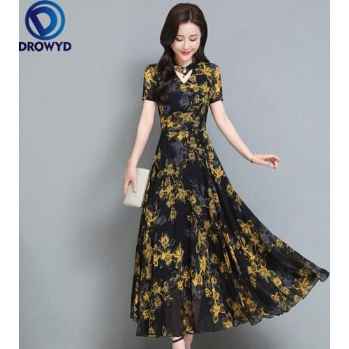 2021 Summer Boho Beach Maxi Dress for Women Fashion V-neck Short Sleeve Blue Flower Printed Chiffon Long Dresses Party Vestidos