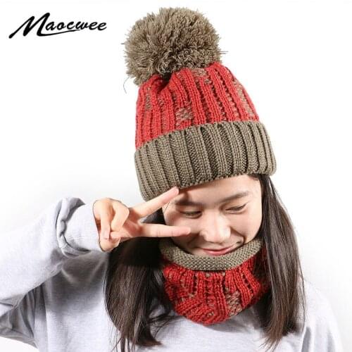 Winter Warm Beanie Hat Scarf Set Female Hats With Lining Outdoor Knit Thick Windproof Women Ring Scarf Pompon Hat Two-Piece Set