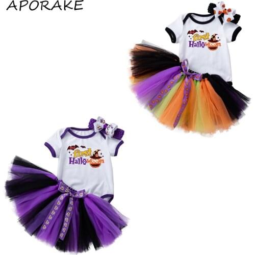 2021 0-18M Baby Girl Halloween Clothes Cartoon Pumpkin Pattern Letter Print Long Sleeve Romper+Mesh Skirt+Headband Festival 3pcs