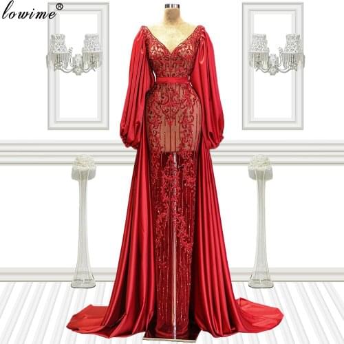 3 Styles Red Long Sleeves Evening Dresses Illusion Dubai Evening Gowns For Women Mermaid Celebrity Dresses Vestidos De Noite