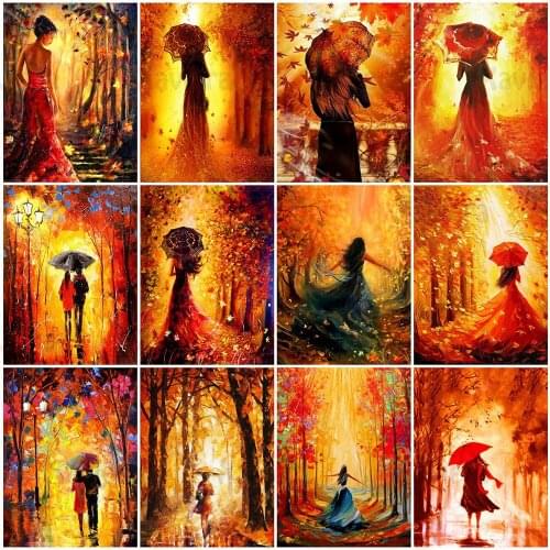 5D Diy Diamond Painting Red Autumn Maple Leaf Landscape Full Diamond Cross Stitch Umbrella Girl Square Rhinestone Embroidery Kit