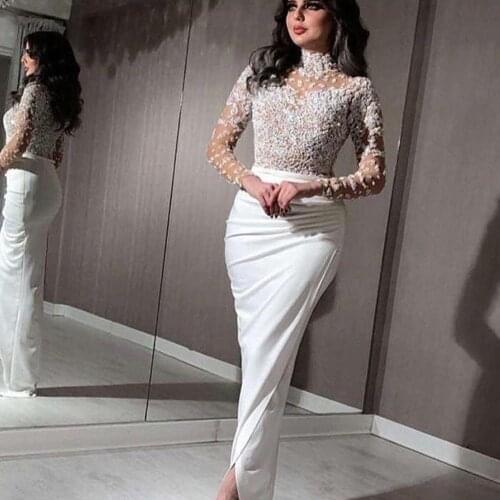 White prom dresses 2020 crystal high neck long sleeve pleats front slit white evening dresses long white formal dresses