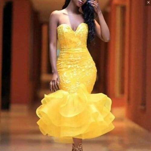 Yellow Mermaid Evening Dress Sweetheart Ruffles Robe De Soiree Organza Applique Prom Party Gowns Custom Made