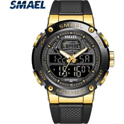SMAEL Mens Sports Quartz Watch, Waterproof, Automatic Date Update, LED Light Dial, Pointer Electronic Digital Dual Display