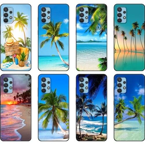Black tpu Case For Samsung galaxy A32 A42 A52 A72 4g 5g S21 PLUS ultra back cover summer Beach Scene at Sunset on sea Palm Tree