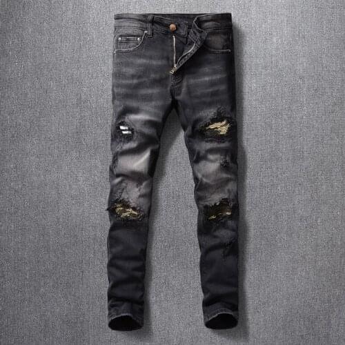 American Street Fashion Men Jeans Retro Black Gray Elastic Slim Fit Ripped Jeans Men Camo Patches Designer Hip Hop Punk Pants