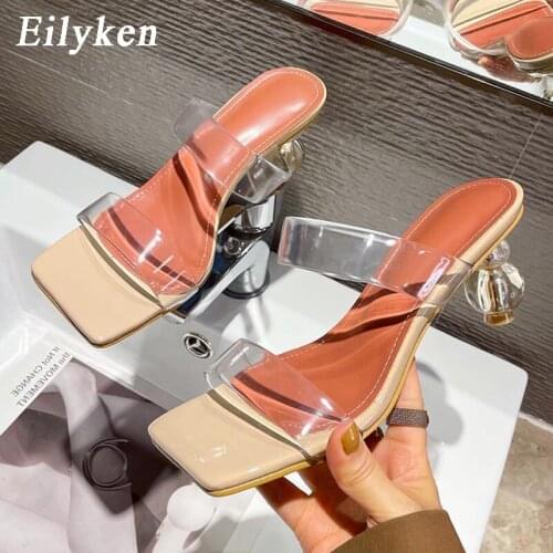 Eilyken 2021 New Leopard Grain Transparent PVC Slippers Summer Fashion Square Toe Strange Crystal Heels Women Slides Party Shoes