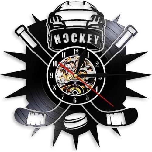 Hockey Wall Decor Clock LED Watch Hockey Club Team Logo Hockey Sticks and Puck Vinyl Record Wall Clock Hockey Fans Gift horloge