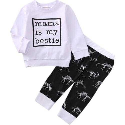 Toddler Boys Clothes Set, Children Letter Print Long Sleeve O-neck Tops + Dinosaur Prints Trousers for Spring Fall