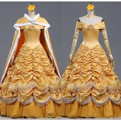Beautiful Girl And Beast Princess Belle Posh Pleated Dress With Cape Halloween Christmas Ball Gown Adult Women Cosplay Costume