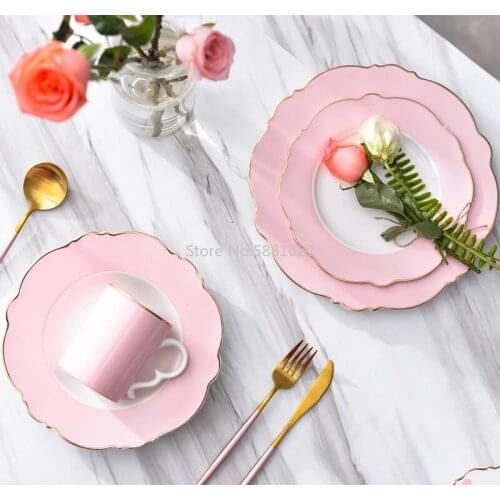 Creative Ceramic Plate Pink Wave Point Simple Flat Plate Western Steak Plate Girl Heart Set Irregular Golden Girl