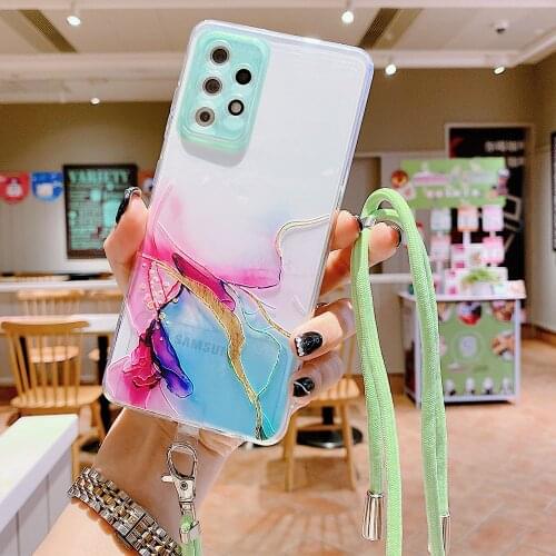 LOVECOM Clear Gradient Lanyard Phone Case For Samsung A72 A52 S21 FE S21 Ultra A22 A82 A12 A32 Soft TPU Shockproof Marble Cover