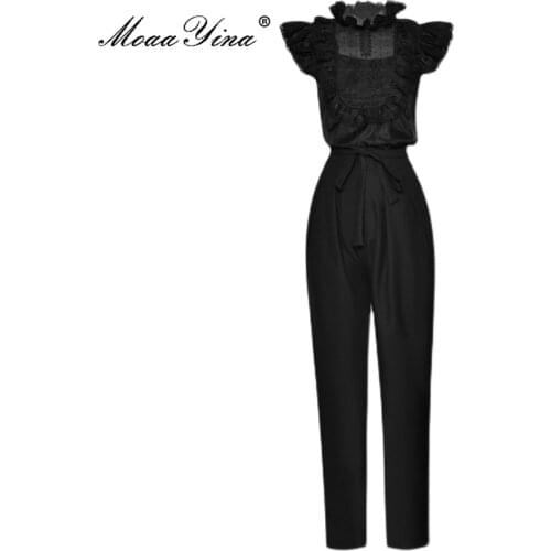 MoaaYina Fashion Designer Summer Black Pants Set Womens Sexy Perspective Mesh Tops and Pants 2 Two Pieces Suit