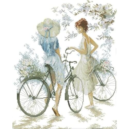 Cross Stitch Kits Stamped Full Range of Embroidery Starter Kits for Beginners DIY 11CT 3 Strands -Bicycle Girl