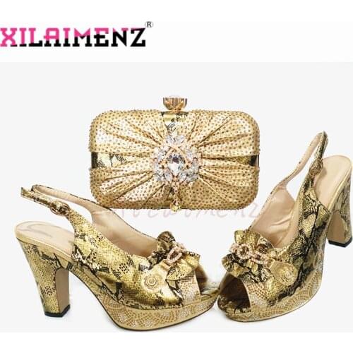Latest Italian Women Shoes Matching Bag in Golden Color Decorate with Rhinestone Afrian Lady Shoes and Bag Set for Wedding