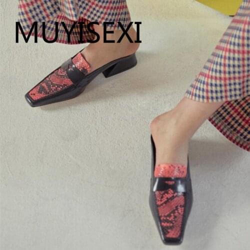 New python pattern fashion square toe 3cm low strange heel slip on mules women leisure cozy soft daily wear pumps HL239 MUYISEXI