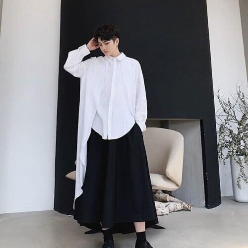 Autumn men hip hop long shirt nightclub DJ stage costume irregular design man vintage cloak street fashion shirts blouse