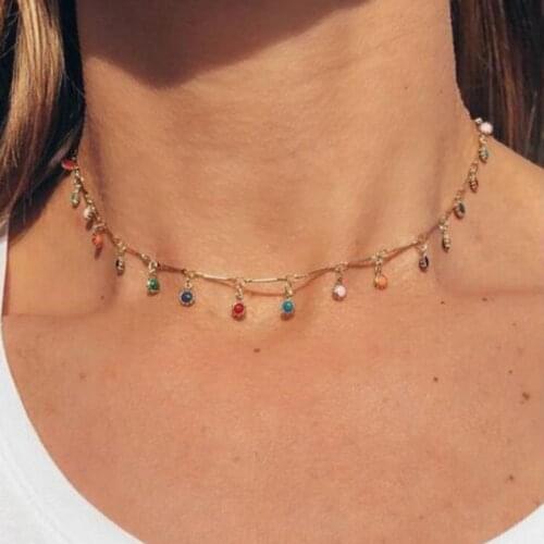 Women Fashion Colorful Crystal Beads Pendant Clavicle Chain Necklace Boho Choker Necklace Jewelry Gifts