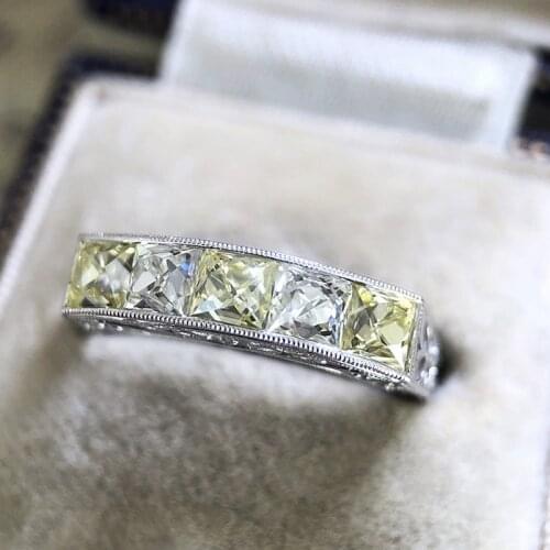 Luxury Designer Square Yellow White Zircon Hollow Flower Rings For Women Silver Color Female Jewelry Valentine Party Gifts