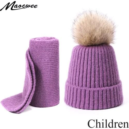 Faux Fur Pompon Hat Scarf Set For Children Winter Wool Warm Knitted Skullies Beanies Solid Cotton Hat Outdoor Hat and Scarf Set