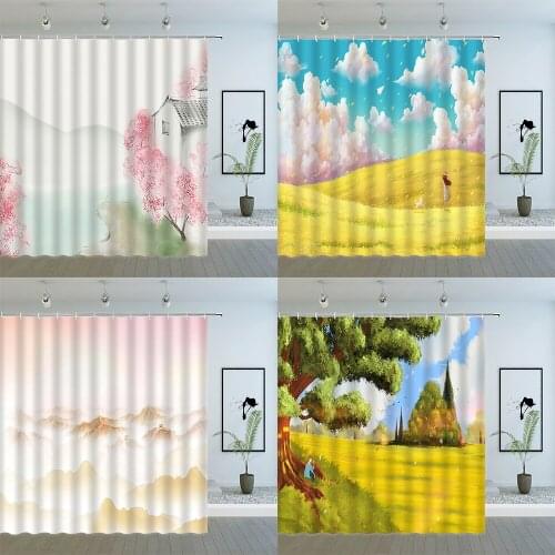 Cartoon Natural Scenery Shower Curtains Water Color Landscape Pattern Print Bathroom Decor Fabric Hanging Curtain Set Cheap