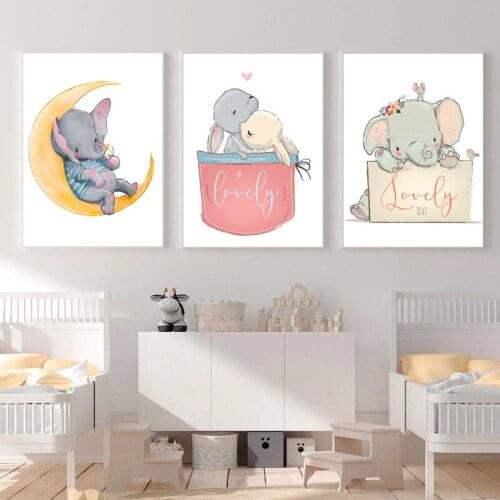 Nordic Style Animal Rabbit Elephant Moon Canvas Painting Wall Art Nordic Posters and Prints Wall Pictures for Living Room Decor