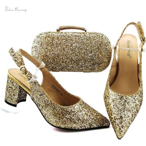 Special Design 2020 Winter Shoes and Bag Set in Golden Color High Quality Italian Lady Shoes Matching Bag for Garden Party
