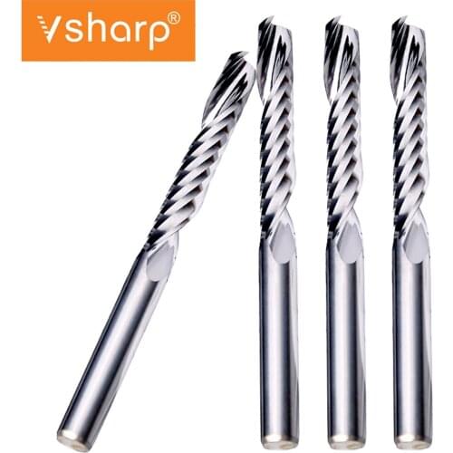 Vsharp 3A Single Flute Spiral End Mill Tungsten Carbide Milling Cutter CNC Bits 4mm 6mm Shank PVC Acrylic Wood Cutting Engraving