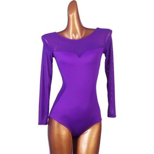 Sexy Transparent Latin Dance One-Piece Tops Slim Slimming Modern Dance Tops Long-Sleeved Ballroom Latin Dance Costumes DQS6509